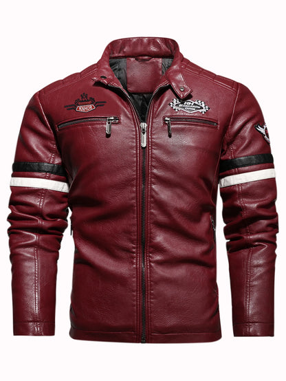 Men's PU Leather Motorcycle Racing Jacket Thin Embroidered Biker Color Zipper Closure Casual Outerwear