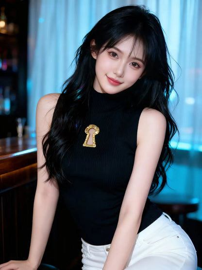 Spring Summer Solid Spliced Metal Buckle Slimming Knit Tshirt For Women Turtleneck Sleeveless Minimalist T Shirt Female Fashion