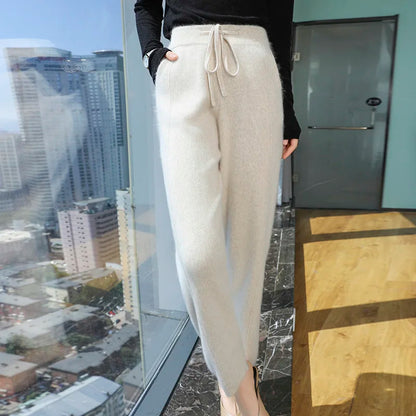 100% mink wool knitted high-waisted pencil pants women's casual autumn and winter new warm solid color thick cashmere pants