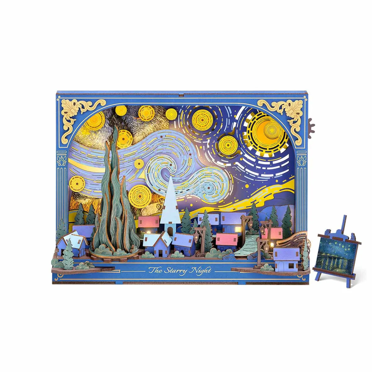 Robotime The Starry Night Wall Art Moving 3D Wooden Puzzle with LED Light Gears Interactive Desk Decor Unique DIY Gift for Adult