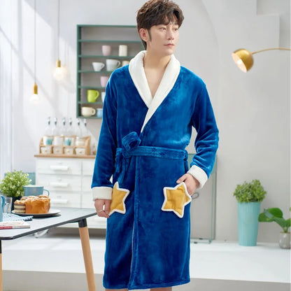 Thickened Flannel Sleepwear Coat for Men And Women Warm Winter Coral Velvet Robe Couple Home Clothes Mid-Length Bath Robe