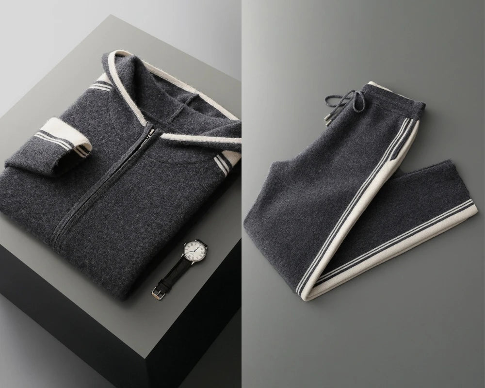 100% wool men's matching set hooded collar zipper cardigan jacket casual knitt pants pocket loose 2-piece set sports suit stripe