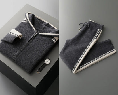 100% wool men's matching set hooded collar zipper cardigan jacket casual knitt pants pocket loose 2-piece set sports suit stripe