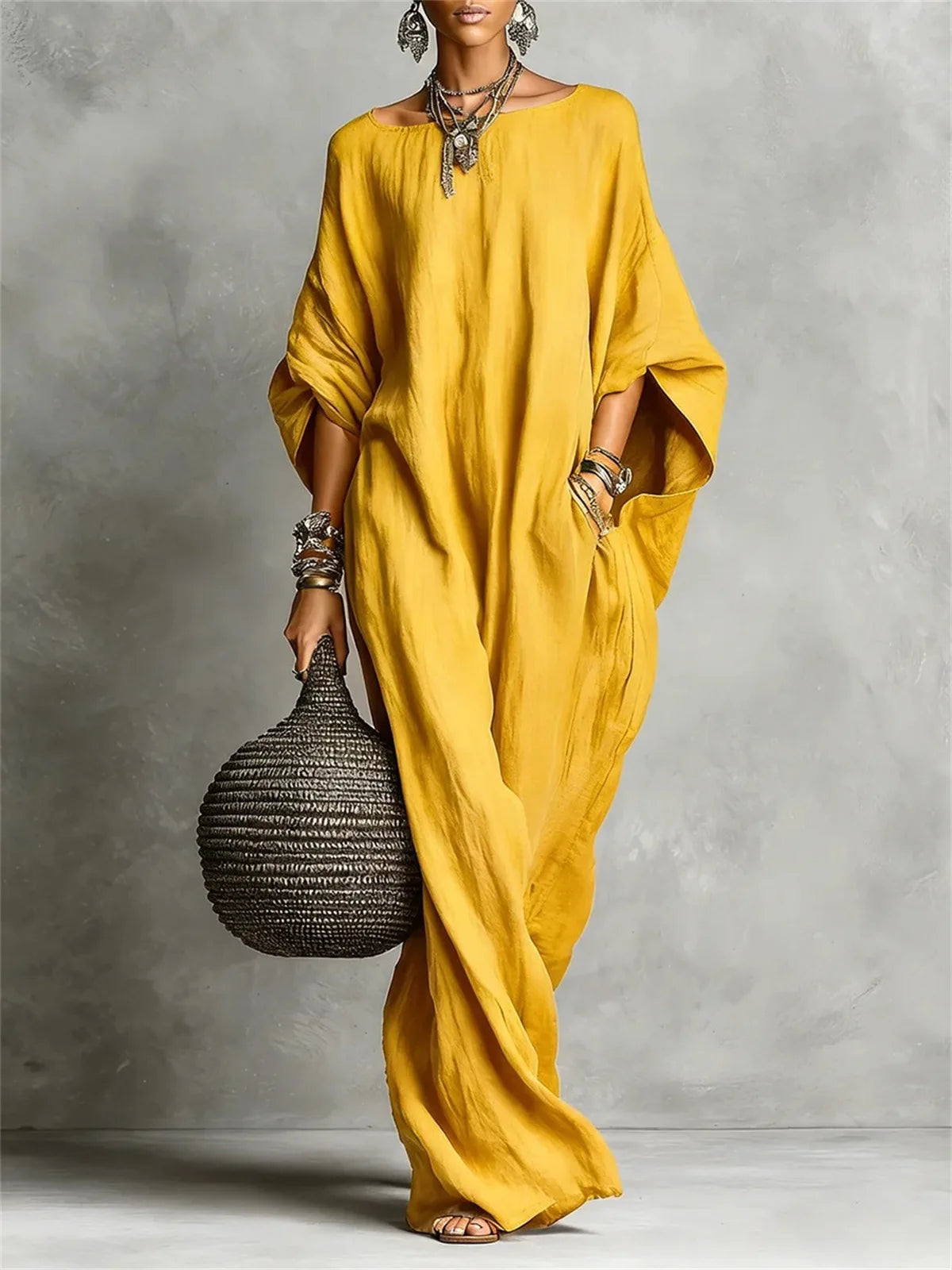2026 cross-border women's clothing European and American solid color temperament long-sleeved one-line collar long casual dress