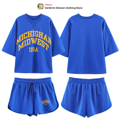 Preppy Style 2 Piece Blue Short Set for Women Washed Effect Text Cotton Short Sleeves Sweatshirt and Drawstring Waistband Shorts