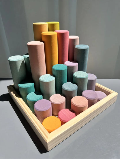 Kids Large Wood Building Rollers Pastel Blocks Stain Lime Stacking Cylinders Forest Trees Rings  Educational Creative Toys