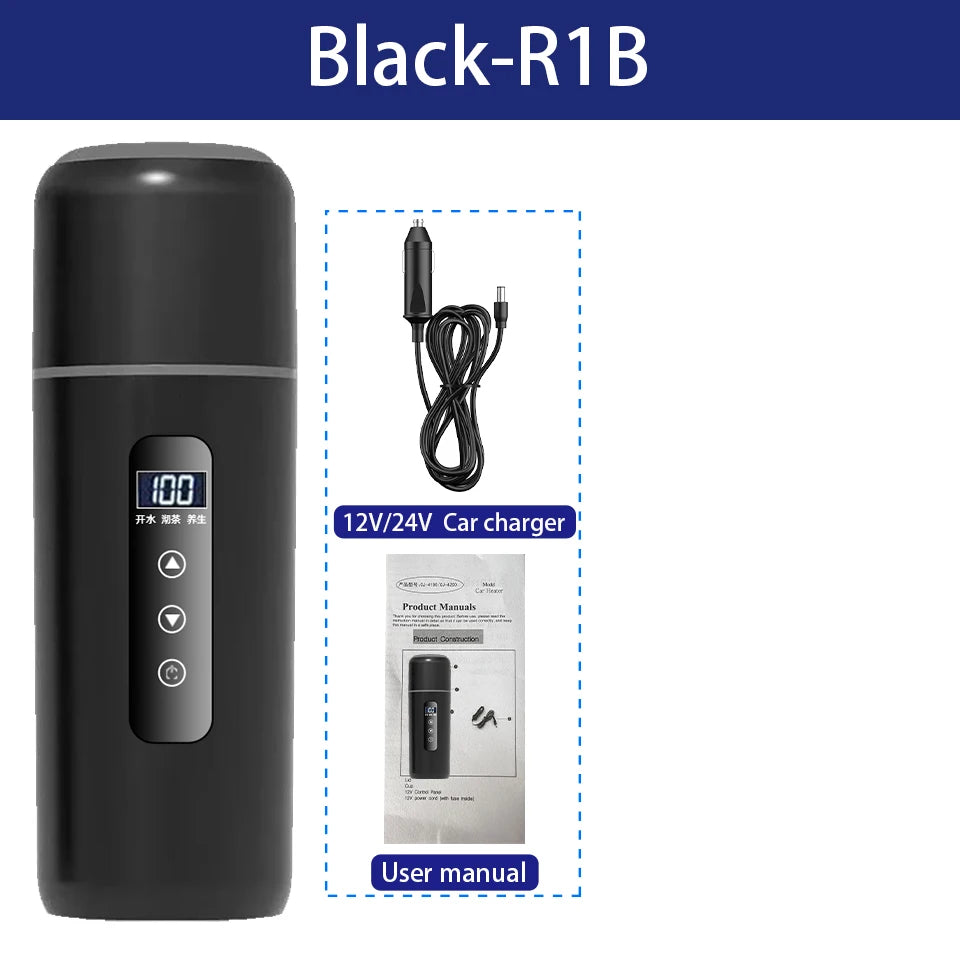 Electric kettle 12V 24V portable car heating cup 500 ml travel heating smart stainless steel insulation artifact OLED display