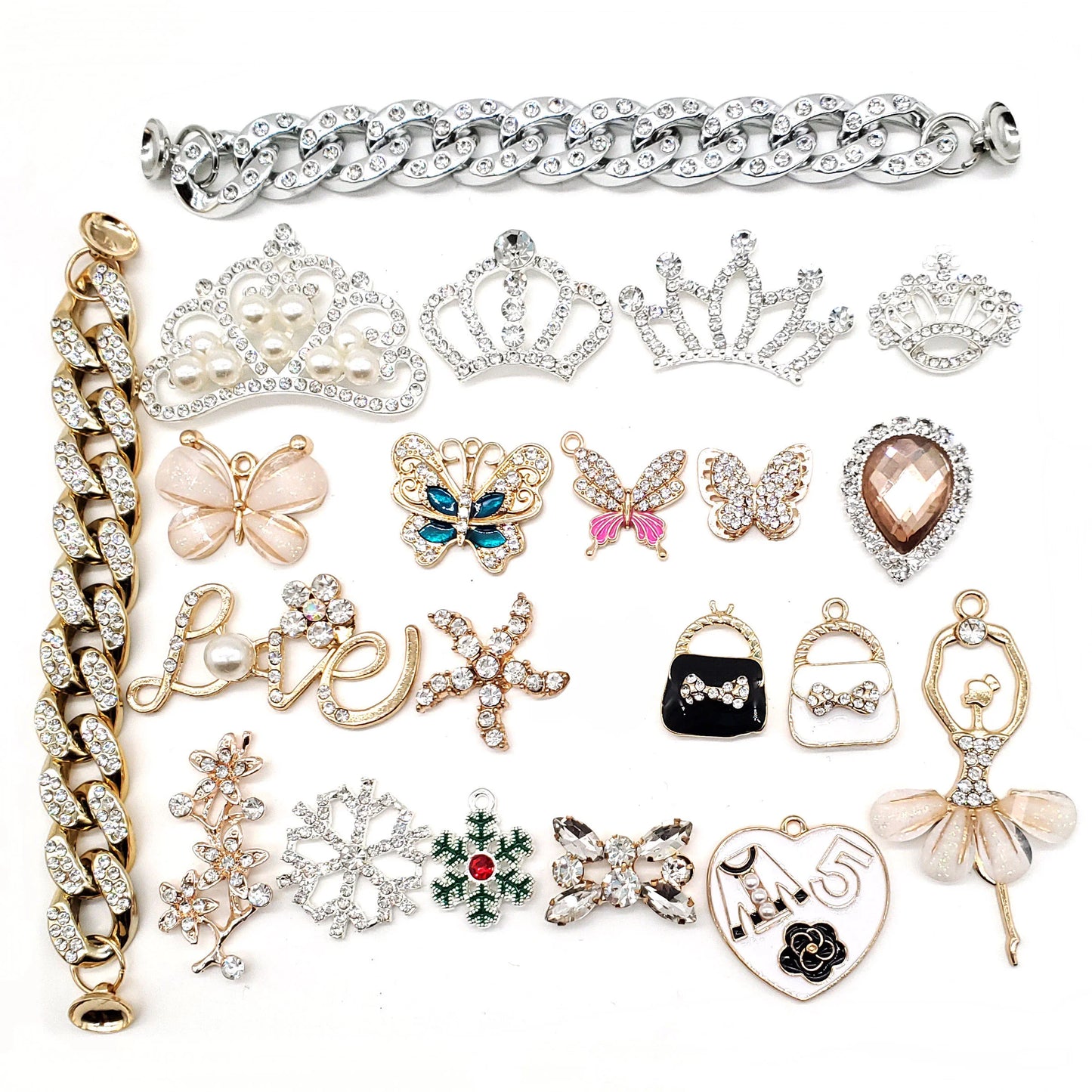 Metal Rhinestone Pearl Chain Butterfuly Crown Shoe Charms for Clogs Sandals Decoration Shoe Buckle for Girls Gift