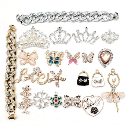 Metal Rhinestone Pearl Chain Butterfuly Crown Shoe Charms for Clogs Sandals Decoration Shoe Buckle for Girls Gift