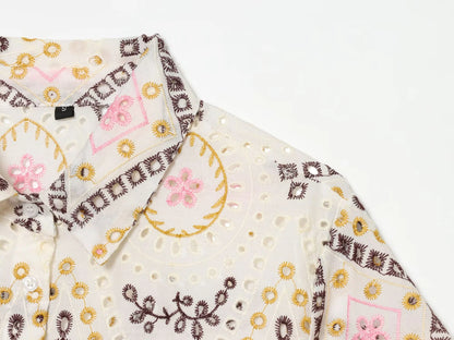 European and American 2026 summer new women's casual simple lapel short sleeved hollow embroidery short shirt
