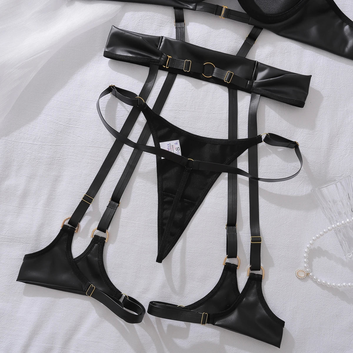 Women's Sexy Underwear Tight Rabbit Girl Underwear Binding Belt Sexy Leather Jacket Punk Gothic 3-Piece Set