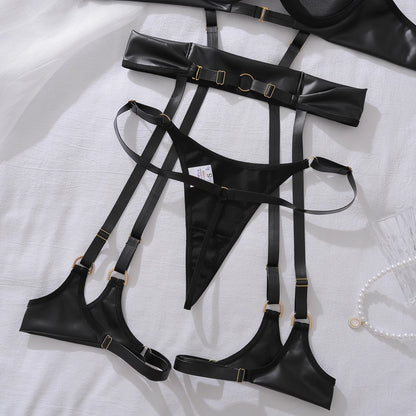 Women's Sexy Underwear Tight Rabbit Girl Underwear Binding Belt Sexy Leather Jacket Punk Gothic 3-Piece Set