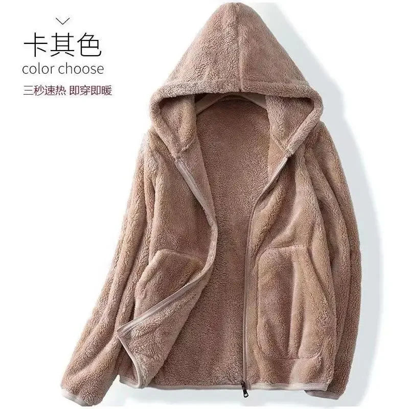 Rocker Fleece Sweatshirt Women Hooded Coral Fleece Jacket Autumn Winter Coat Warm Long Sleeve Zipper Sportswear Casual Loose