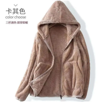 Rocker Fleece Sweatshirt Women Hooded Coral Fleece Jacket Autumn Winter Coat Warm Long Sleeve Zipper Sportswear Casual Loose