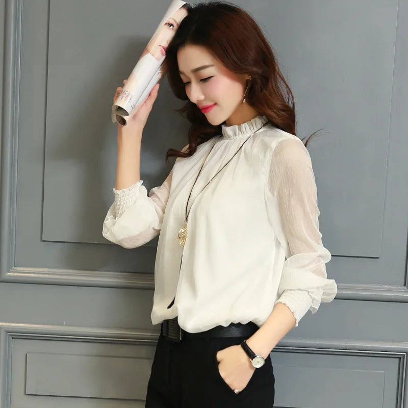 Spring Summer New Style Sexy Large Size Fashionable Mesh Chiffon Top with Lace Trim Stand Collar Base Shirt Women's Top