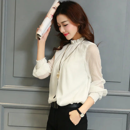 Spring Summer New Style Sexy Large Size Fashionable Mesh Chiffon Top with Lace Trim Stand Collar Base Shirt Women's Top