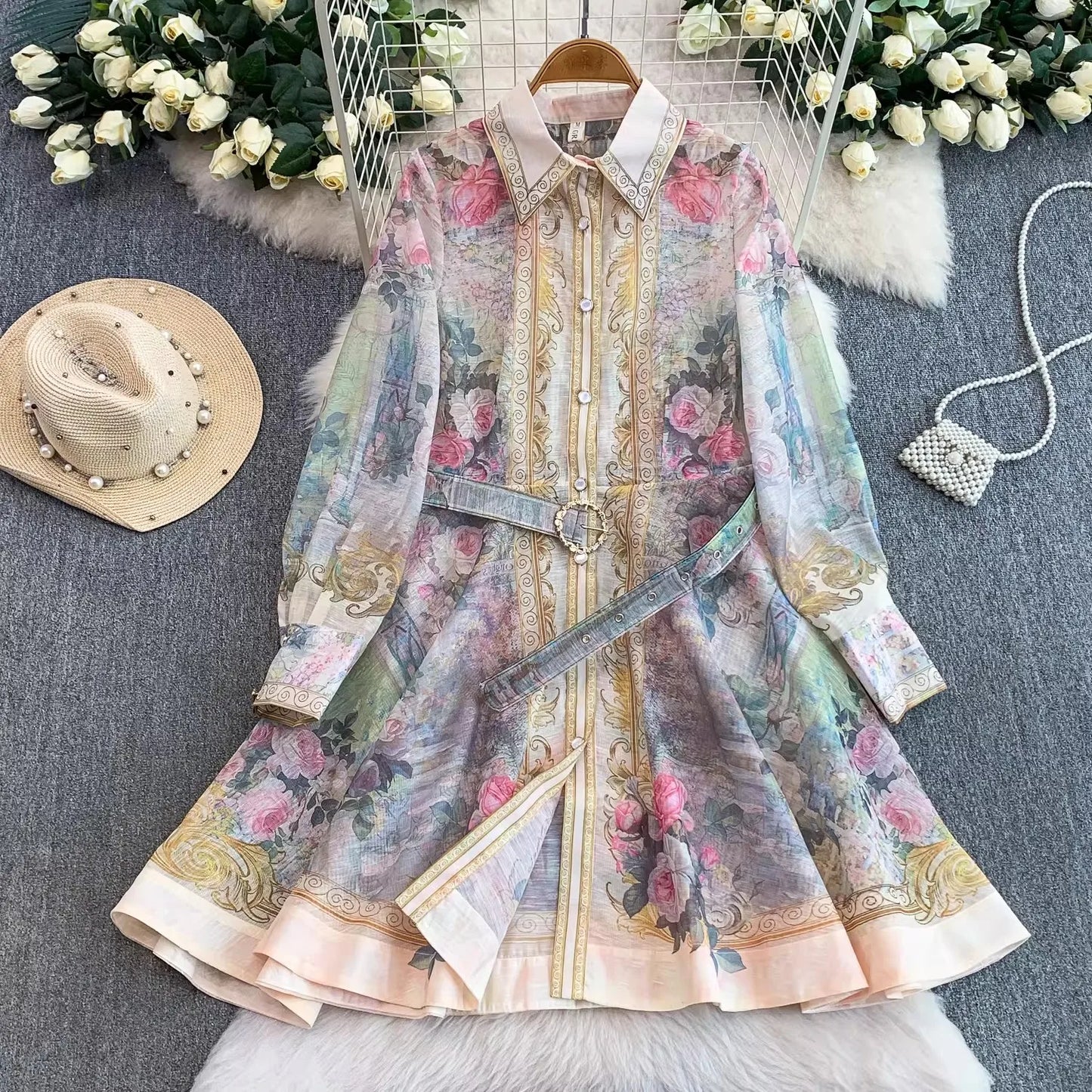 Elegant Flower Printed Linen Mini Dress with Long Lantern Sleeves Women's Lapel Single-Breasted for Birthday Party Club Wear