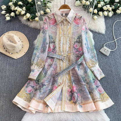 Elegant Flower Printed Linen Mini Dress with Long Lantern Sleeves Women's Lapel Single-Breasted for Birthday Party Club Wear
