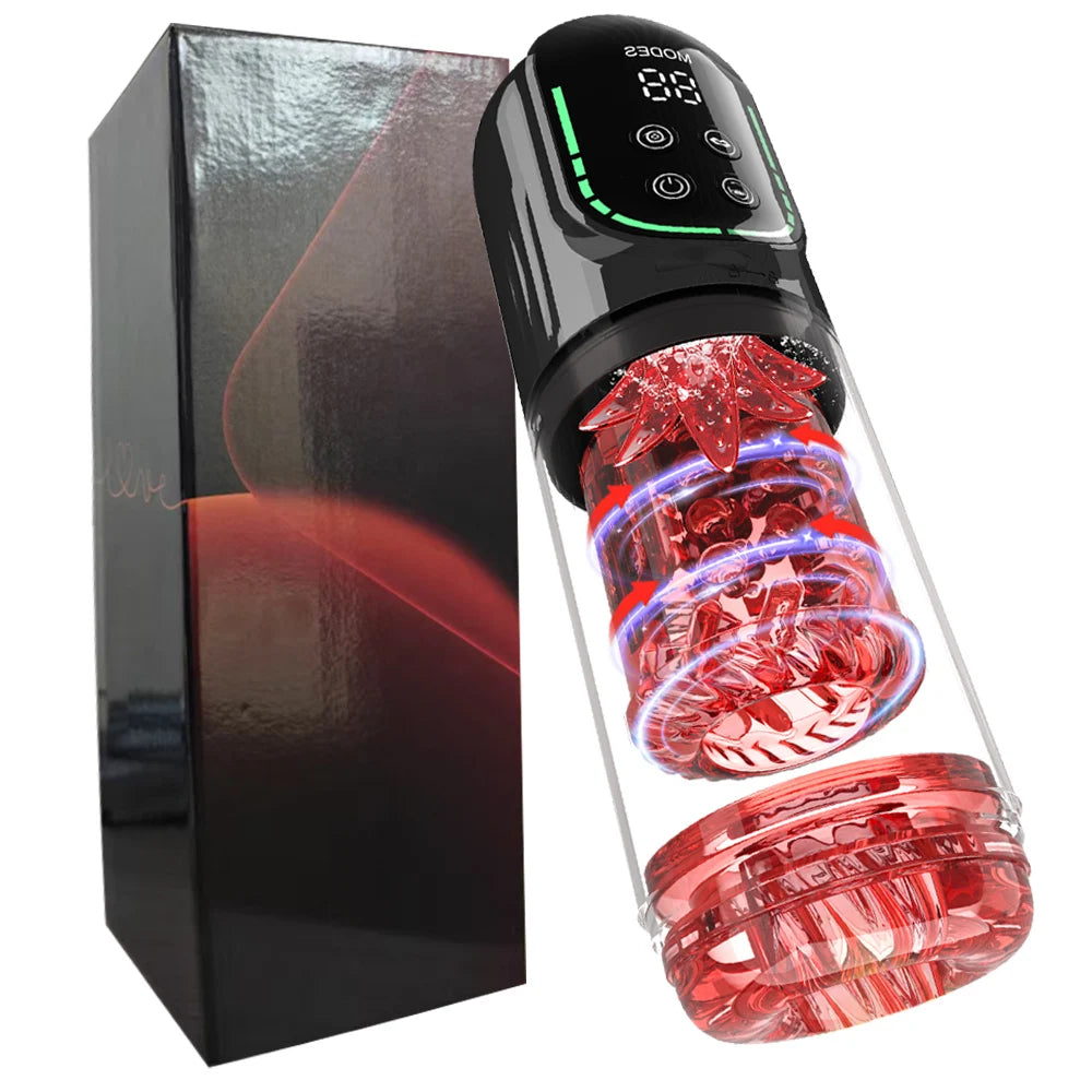 Automatic male Masturbator Pocket Cat 7 push Rotary vibration Suck Lick Stroking vacuum pump and LCD Screen Penis pump Adult toy