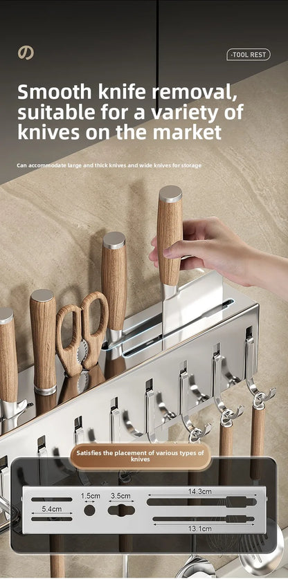 Stainless Steel Kitchen Knife Holder Wall Mounted No Drilling Multi-Function Chopsticks And Kitchen Knife Storage Rack