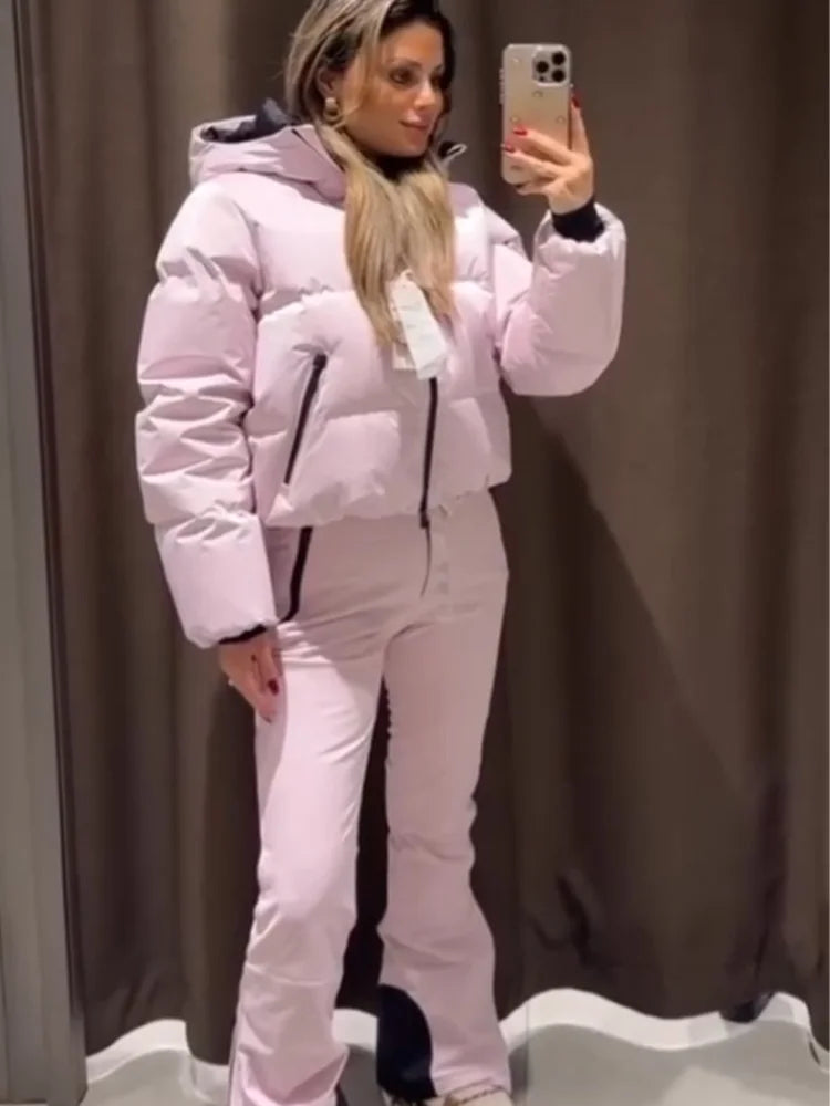 HH Women Fashion Pocket Long Sleeve Zipper Hooded Skiing Cotton-padded Drawstring Jacket+High Waist Casual Winter 2026 Pant Set