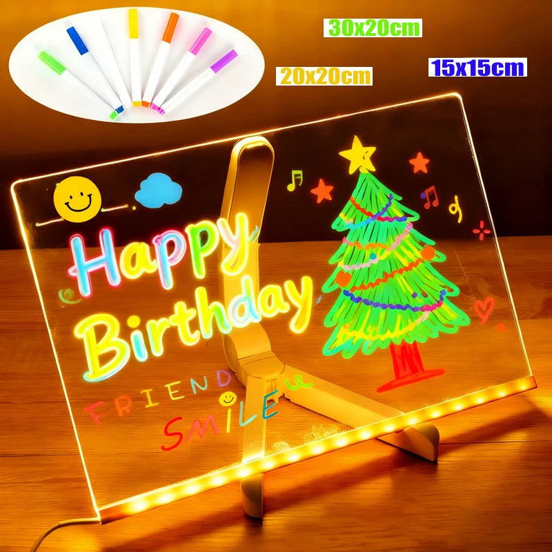 Luminous Acrylic Drawing Magic Led Transparent Board, Kids DIY Educational Toys Gift, LED Note Board With Stand and 7 Colors