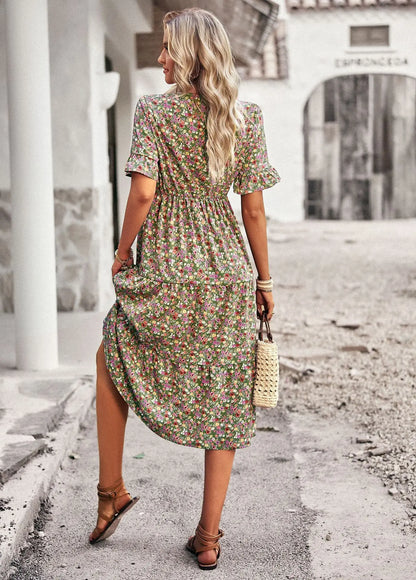 Msfilia Fashion V Neck Elegant Printed Dress Women Summer Short Sleeve High Waist A Line Floral Holiday Dresses