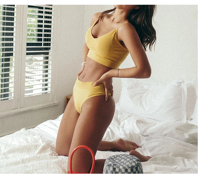 Seamless Bra Set for Women, Wire Free V-Neck Bralette with Low Waist Panties, Soft Cotton Sexy Lingerie Underwear Set