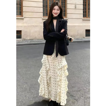 Black Suit And Polka Dot Dress Two-Piece Set for Women Early Spring Fashion Slimming Effect Ribbon Detail Long Sleeve Button-Up