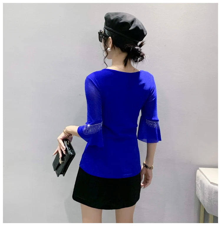 2026 Spring Summer Mesh Tops Korean Fashion Diamond T Shirt Slim 3/4 Sleeve Hollow Out Casual Women Shirt