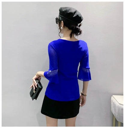 2026 Spring Summer Mesh Tops Korean Fashion Diamond T Shirt Slim 3/4 Sleeve Hollow Out Casual Women Shirt