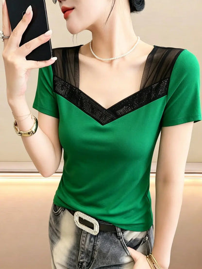 Summer 2026 Women's V-neck T-shirt Mesh Splice Short Sleeve Heavy-duty Rhinestone Slimming Top Korean Style Breathable Cotton