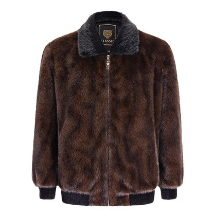 Men's Winter Thick Leather Jacket Mink Fur Coat Zipper Closure Full Skin Design Long Sleeve Regular Fit Outerwear