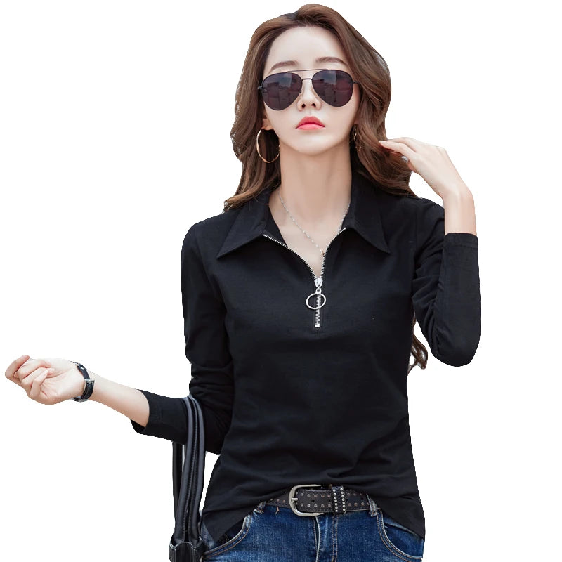 Korean Style cotton polo shirts women fashion long sleeve candy color zipper turn down neck polo t shirt for women 2025