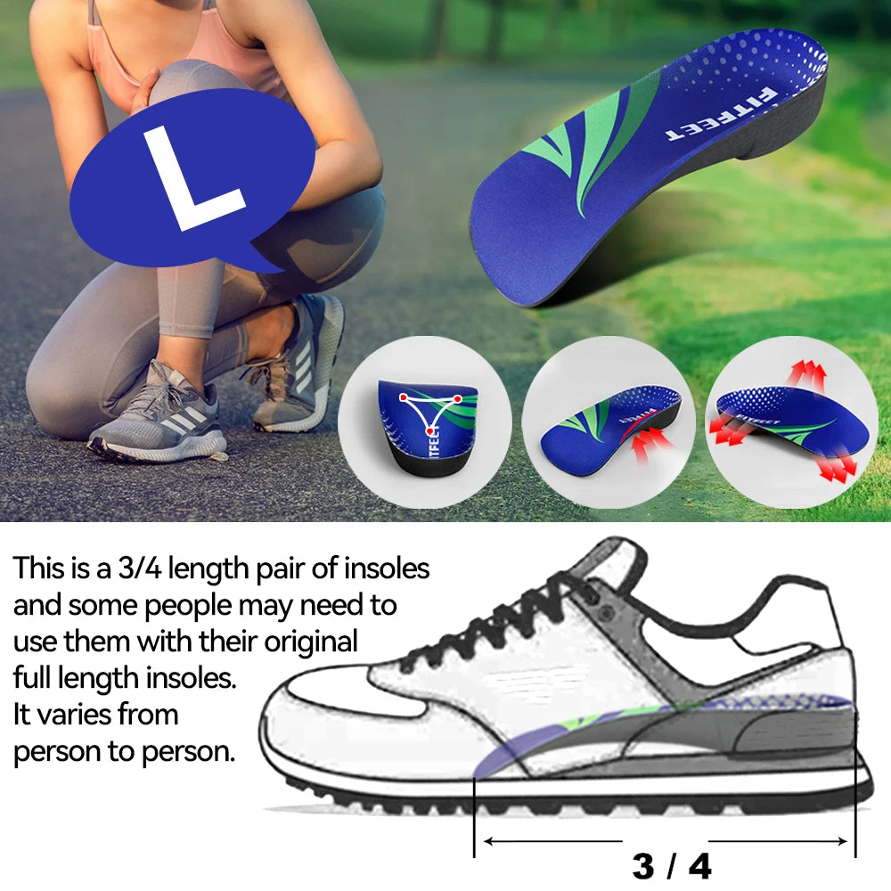 RooRuns Orthopedic Arch Support Shoes Insoles 3/4 Length Flat Feet Shoes Pads for Feet Plantar Fasciitis Heel Pain Relief Unisex