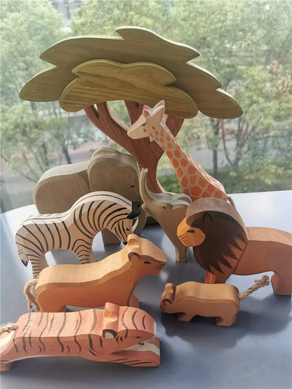 Colorful Wooden Animals Handmade Basswood Stacking Blocks Toys Forest Trees Lion Tiger Elephant Giraffe Bear Kangaroo for Kids