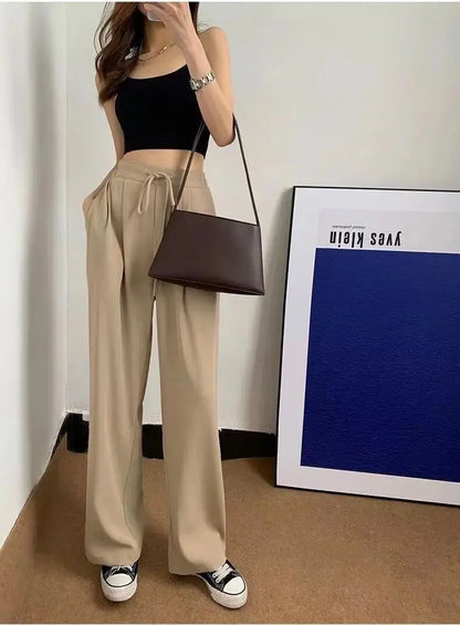 Ice Silk High Waist Wide Leg Pants Women Summer Loose Thin Straight Casual Trousers Korean Style Polyester Fiber Skin-friendl...