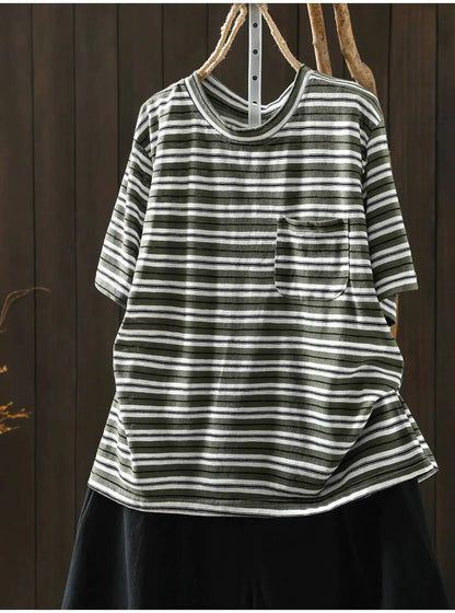Women Summer Short-sleeve T-shirt 2026 Summer New Stylish Striped Single-pocket Loose T-shirt ZXY154