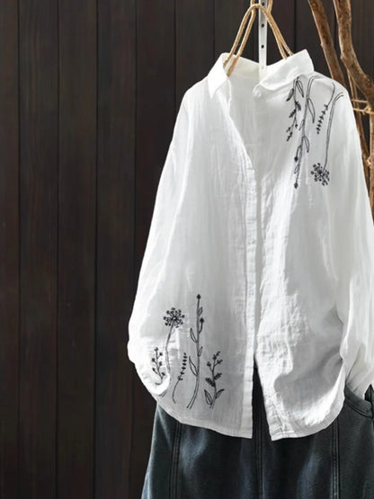 Cotton Linen Women's Shirt Spring New Style Artistic Retro Embroidery Turn-down Collar  Color Long Sleeve Top