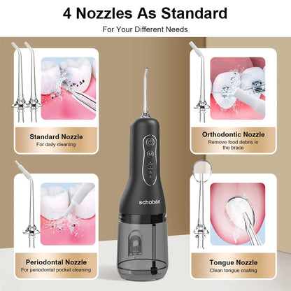 Schoben Water Flosser 2.0, a portable oral irrigator, is a rechargeable electric flosser featuring 4 cleaning modes, 5 nozzles,