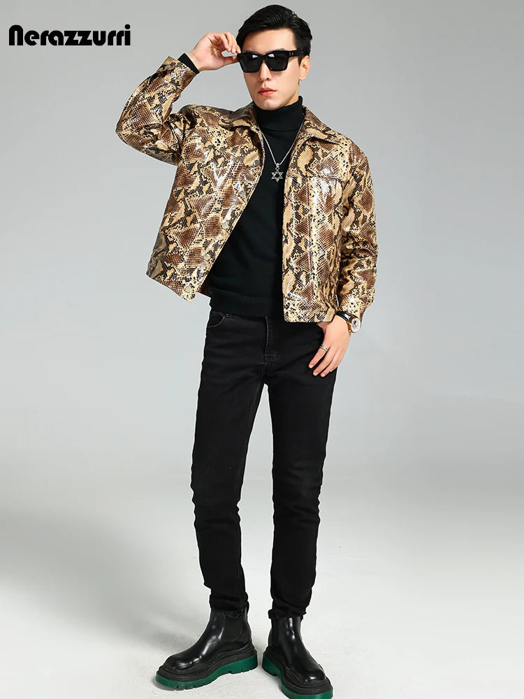 Nerazzurri Autumn Short Handsome Cool Colorful Snakeskin Print Pu Leather Jacket Men Luxury European Style Clothes 2023 EU Size
