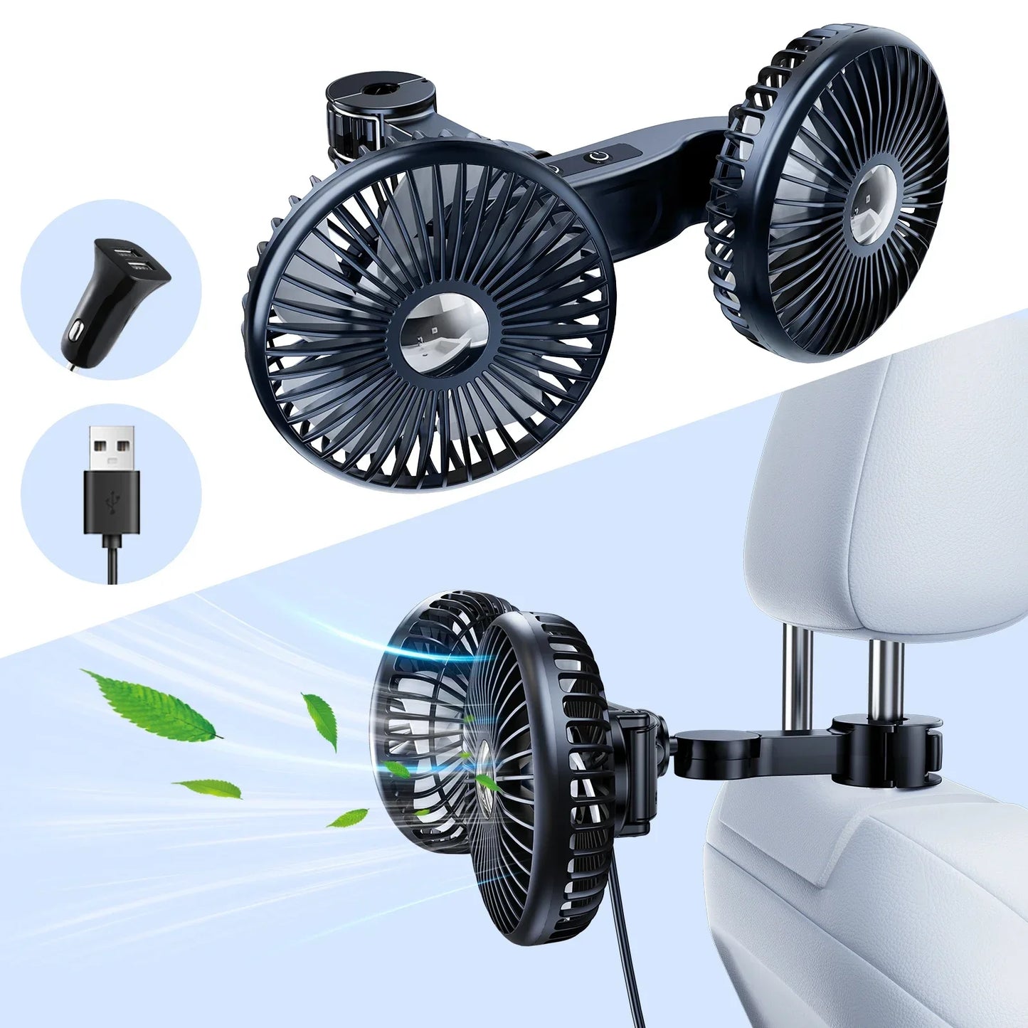 Eary Car Dual Head Fan Mount for Back Seat Headrest Air Cooler Fan With 2 Hooks Long Arm Adjustable 3 Speeds For Truck SUV Sedan