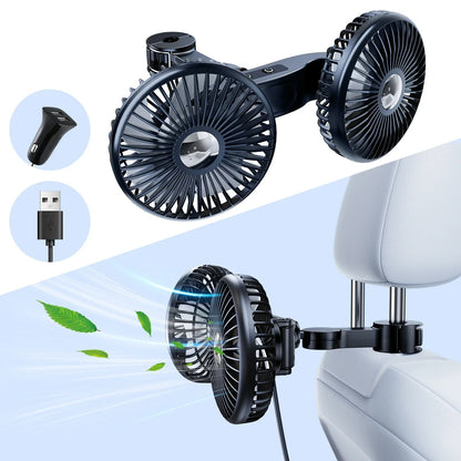 Eary Car Dual Head Fan Mount for Back Seat Headrest Air Cooler Fan With 2 Hooks Long Arm Adjustable 3 Speeds For Truck SUV Sedan