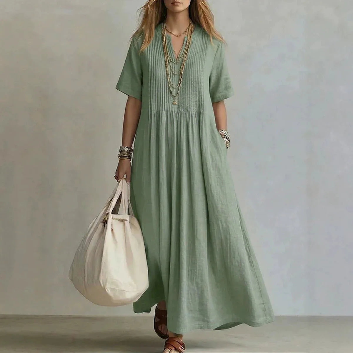 Casual Solid Color Linen Cotton Maxi Dress For Women Short Sleeve Loose Fit Long Dresses Relaxed Comfortable Summer Daily Wear