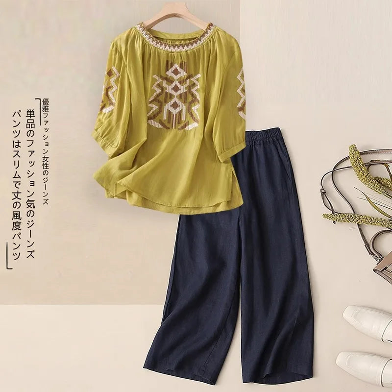 Fashionable Retro Linen Top And Pants Set for Women High End Cotton Linen Ensemble Summer 2026 Elegant Two Piece Suit