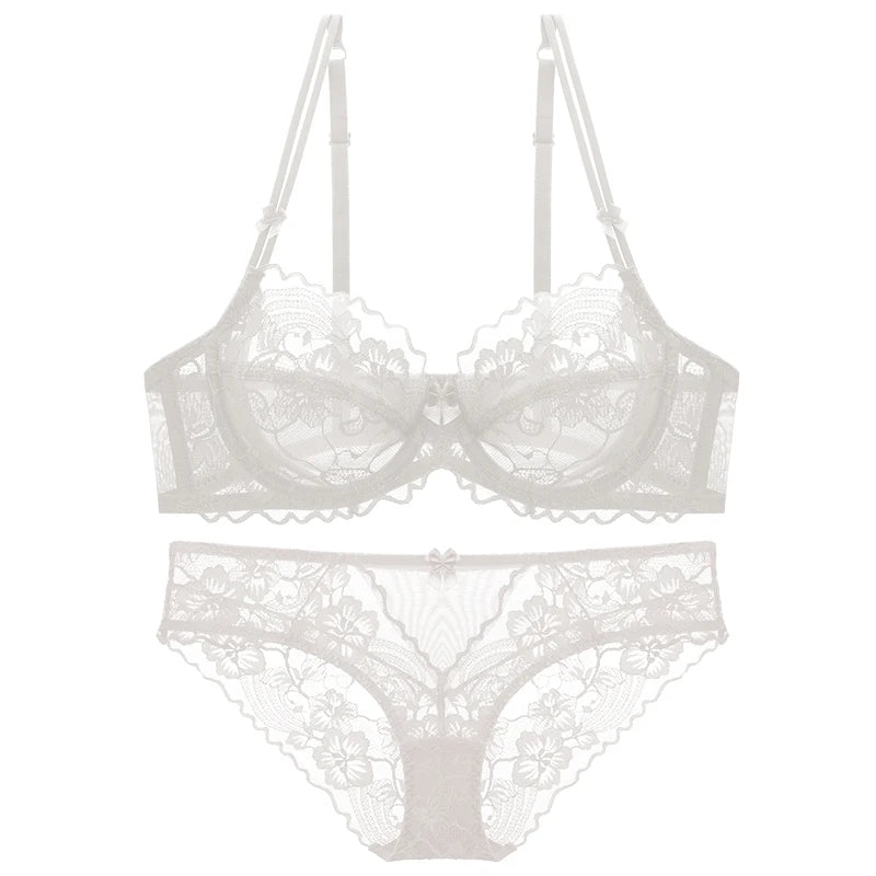Delicate French Lace Bra Set, Sheer Minimiser Underwire for Lift, Elegant & Breathable Lingerie Large Bust MOYISU Sexy Panty Set