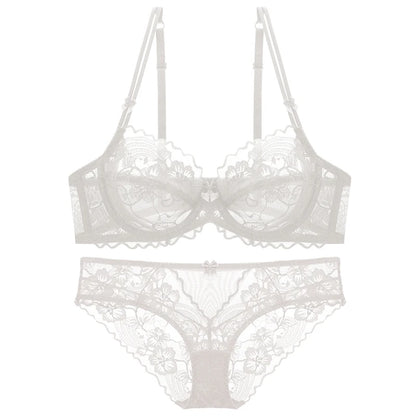 Delicate French Lace Bra Set, Sheer Minimiser Underwire for Lift, Elegant & Breathable Lingerie Large Bust MOYISU Sexy Panty Set