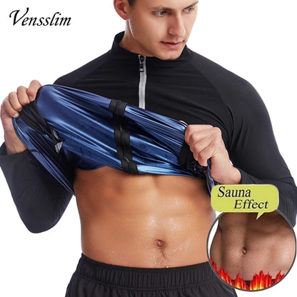 Vensslim Men Sauna Suit Sweat Jacket Workout Weight Loss Long Sleeve Waist Trainer Body Shaper Zipper Slimming Compression Tops