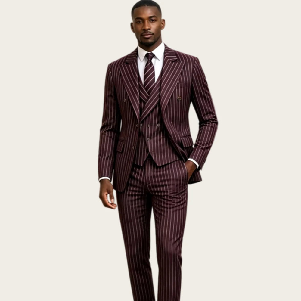 Burgundy Pinstripe Men Suits 3 Pieces Peaked Lapel Double Breasted Slim Fit Groom Suit Tuxedo Office Business Blazer Customized