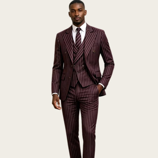 Burgundy Pinstripe Men Suits 3 Pieces Peaked Lapel Double Breasted Slim Fit Groom Suit Tuxedo Office Business Blazer Customized
